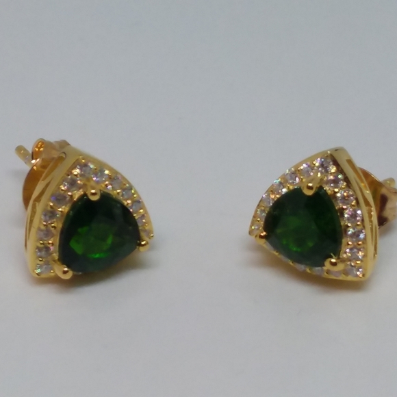 AAA Chrome Diopside & Moissenite Halo Stud Earrings in Gold over Silver - Picture 1 of 7